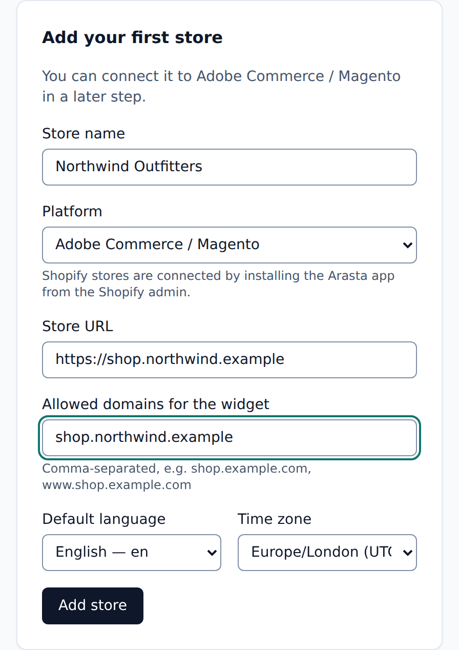 The Add store form in the dashboard with store name, store URL and allowed domains