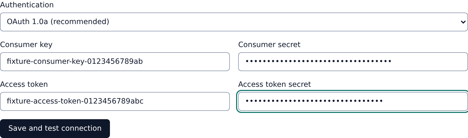 The Adobe Commerce / Magento connection form with the four OAuth credentials