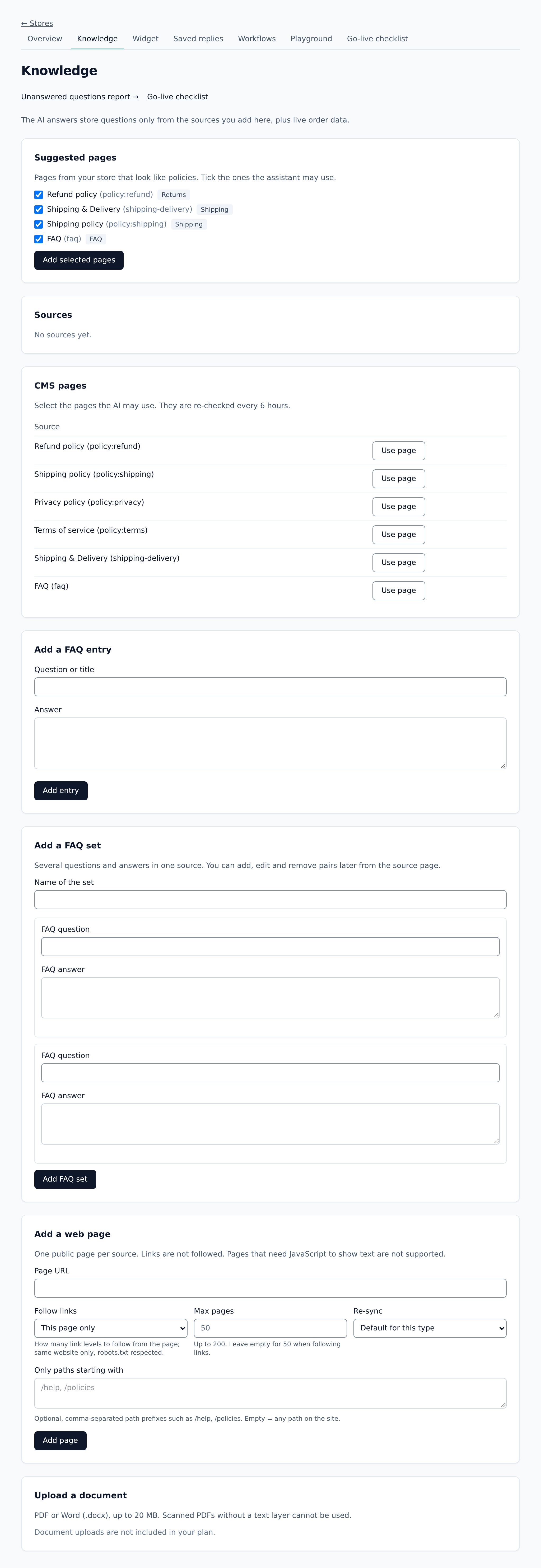 The Knowledge page with suggested pages and shop policies