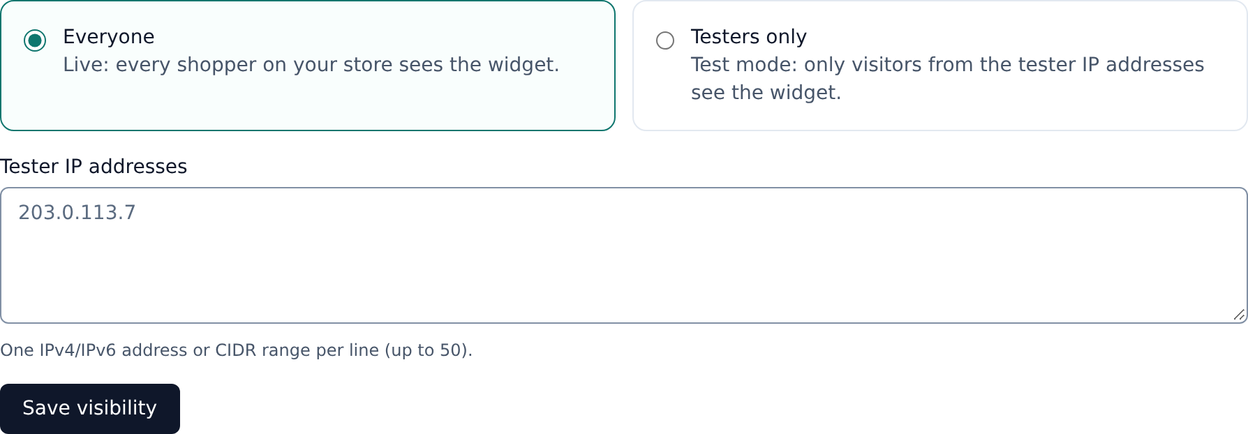 Widget visibility set to testers only with a list of tester IP addresses